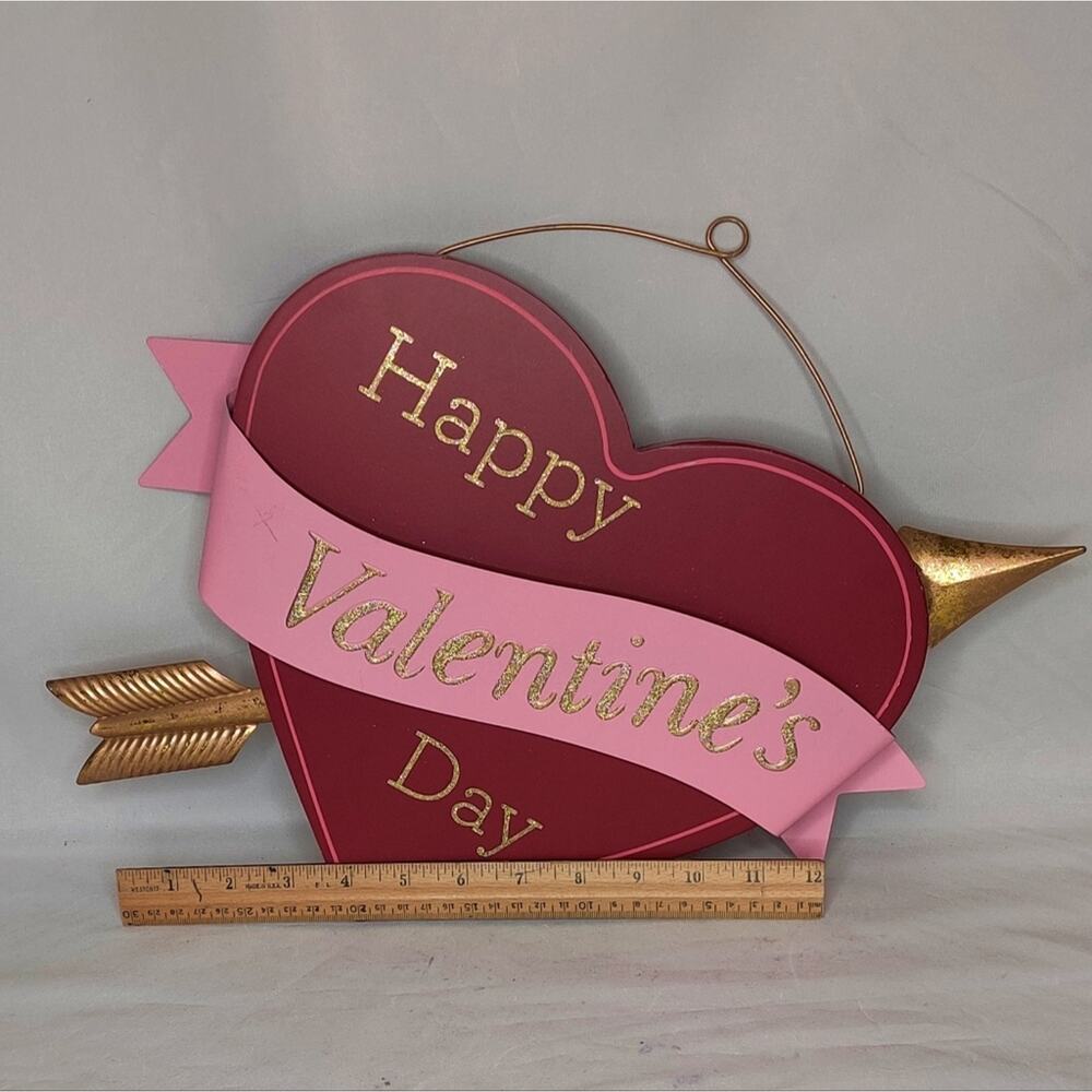 Happy Valentines Day Heart Arrow Wood Wall Decor Red Pink Gold Glitter Sign - Picture 4 of 14